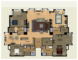 three bedroom floor plan of the Oakmont offered at The Glenview senior living in Naples, FL